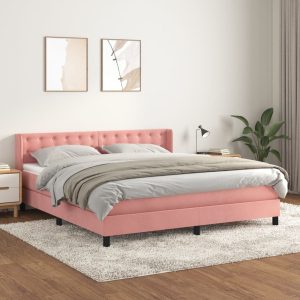 Pat box spring cu saltea, roz, 160×200 cm, catifea