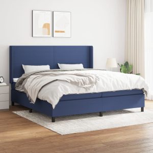 Pat box spring cu saltea, albastru, 200×200 cm, textil