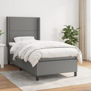 Pat box spring cu saltea, gri închis, 90×200 cm, textil