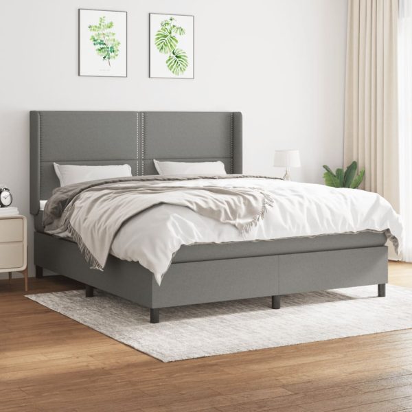 Pat continental cu saltea, gri închis, 160×200 cm, țesătură