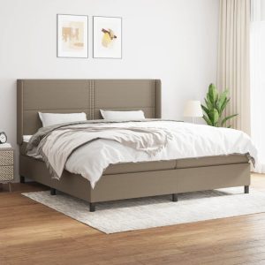 Pat box spring cu saltea, gri taupe, 200×200 cm, textil