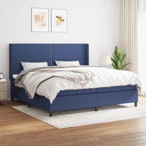 Pat box spring cu saltea, albastru, 200×200 cm, textil