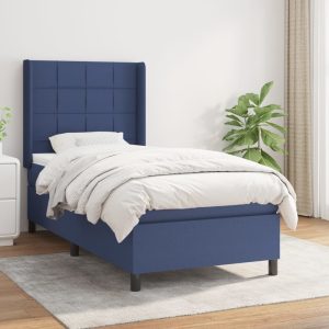 Pat box spring cu saltea, albastru, 90×200 cm, textil