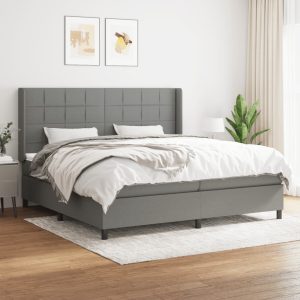Pat box spring cu saltea, gri închis, 200×200 cm, textil