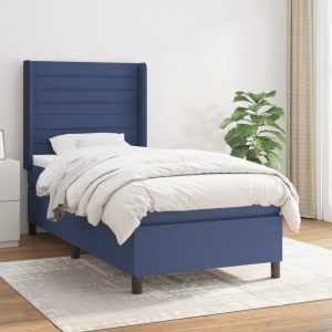 Pat box spring cu saltea, albastru, 90×200 cm, textil