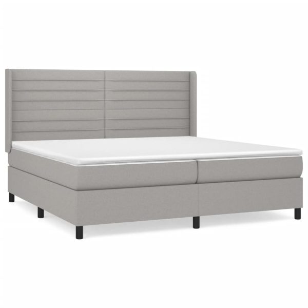 Pat box spring cu saltea, gri deschis, 200×200 cm, textil