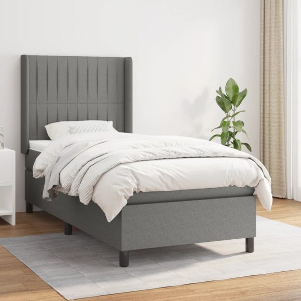 Pat box spring cu saltea, gri închis, 90×190 cm, textil