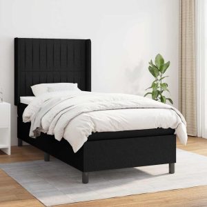 Pat box spring cu saltea, negru, 90×200 cm, textil