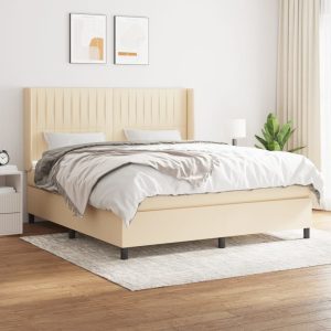 Pat box spring cu saltea, crem, 160×200 cm, material textil