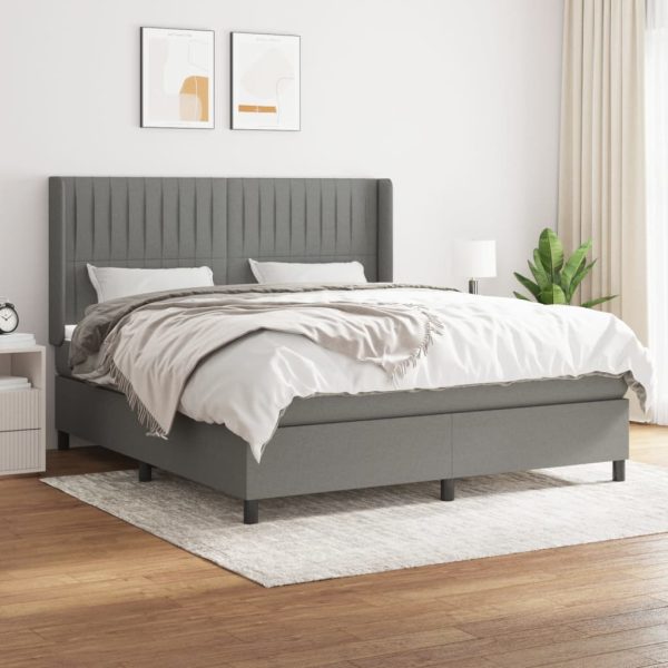 Pat box spring cu saltea, gri închis, 180×200 cm, textil