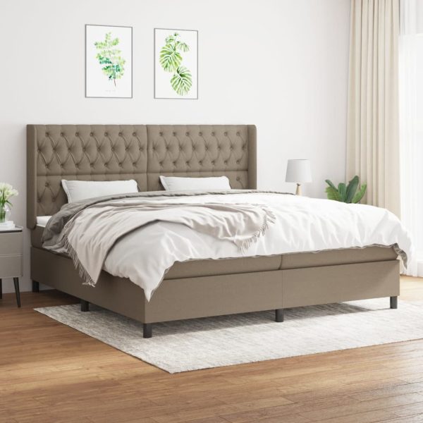 Pat box spring cu saltea, gri taupe, 200×200 cm, textil