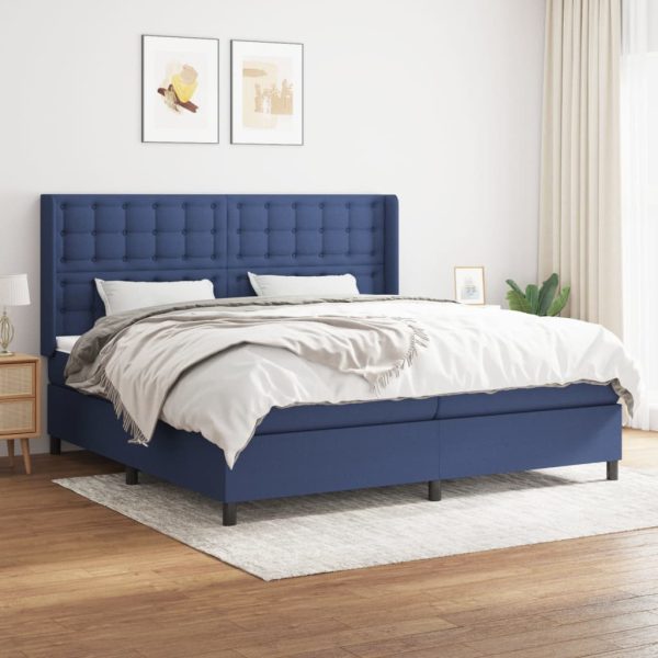 Pat box spring cu saltea, albastru, 200×200 cm, textil