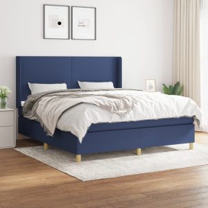Pat continental cu saltea, albastru, 160x200cm, material textil