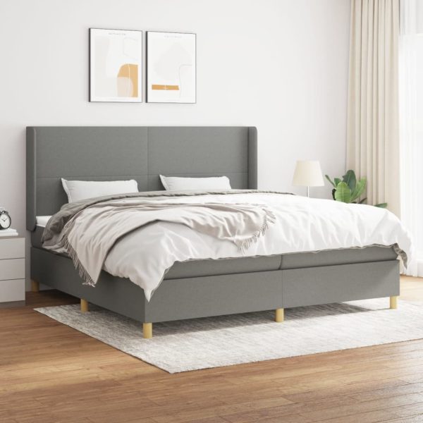 Pat box spring cu saltea, gri închis, 200×200 cm, textil