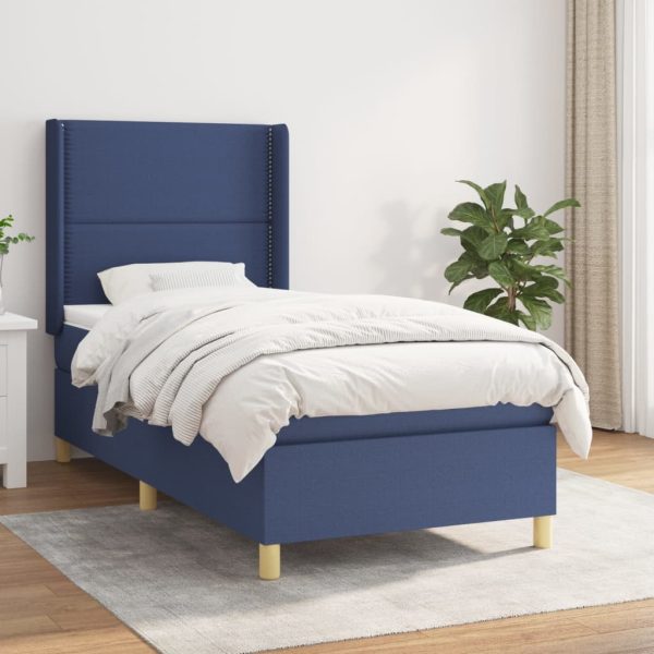 Pat box spring cu saltea, albastru, 90×200 cm, textil