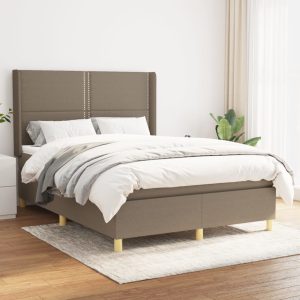Pat box spring cu saltea, gri taupe, 140×200 cm, textil