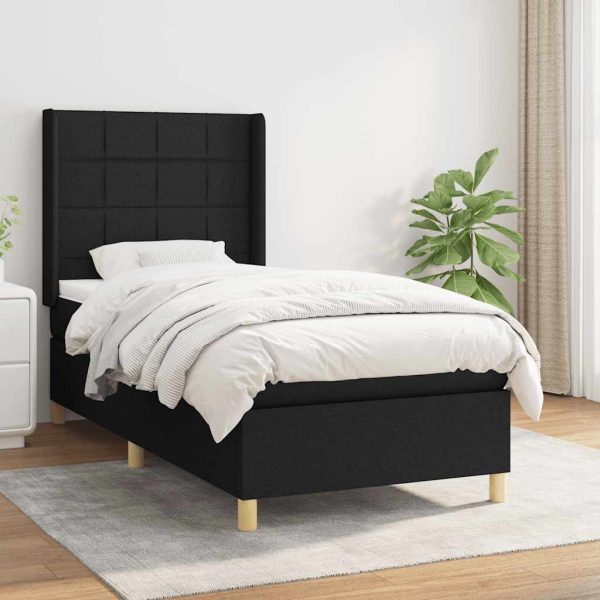 Pat box spring cu saltea, negru, 90×200 cm, textil