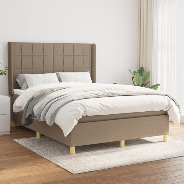 Pat box spring cu saltea, gri taupe, 140×200 cm, textil