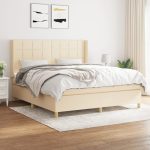 Pat box spring cu saltea, crem, 160×200 cm, material textil