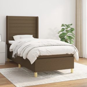 Pat box spring cu saltea, maro închis, 90×200 cm, textil