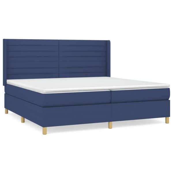 Pat box spring cu saltea, albastru, 200×200 cm, textil
