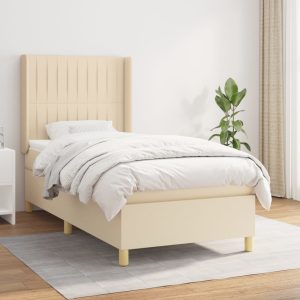 Pat box spring cu saltea, crem, 100×200 cm, textil