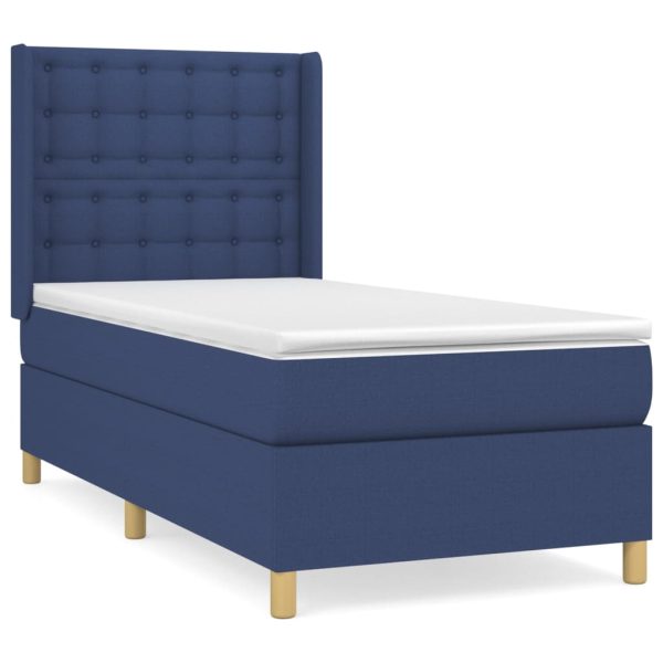 Pat box spring cu saltea, albastru, 90×190 cm, textil