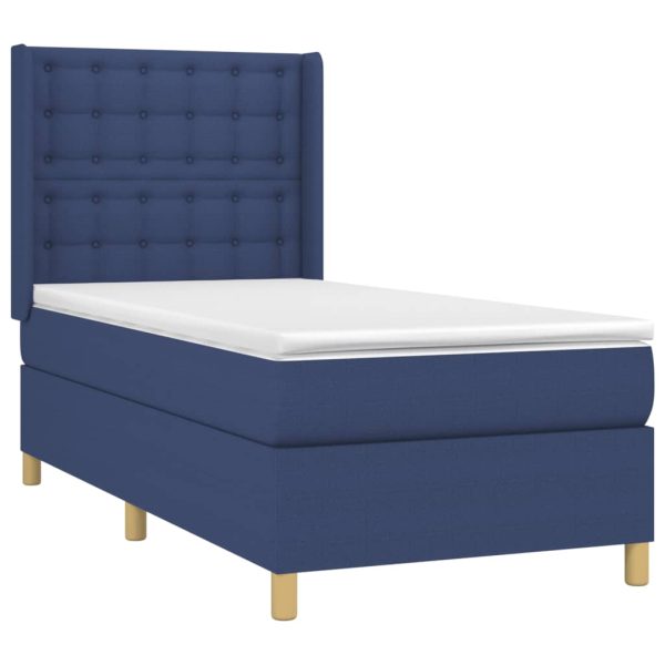 Pat box spring cu saltea, albastru, 90×190 cm, textil