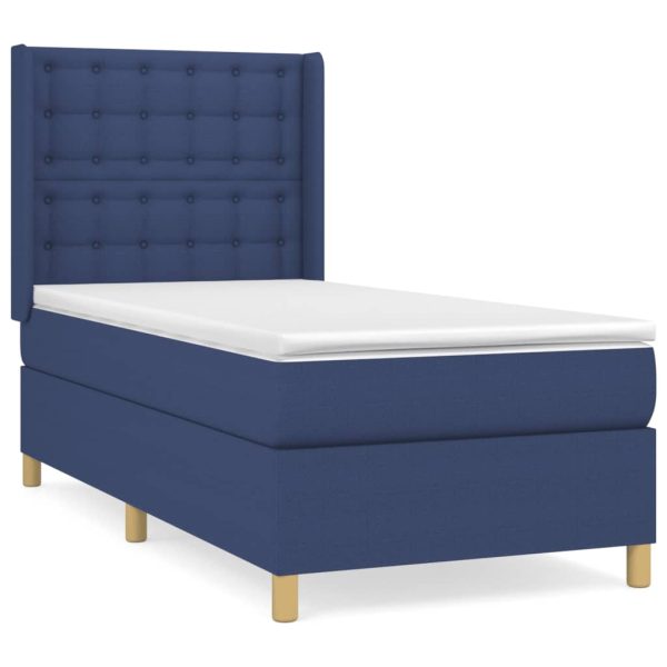 Pat box spring cu saltea, albastru, 90×200 cm, textil