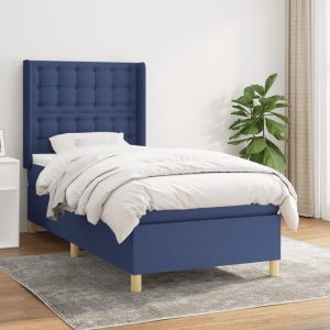 Pat box spring cu saltea, albastru, 90×200 cm, textil