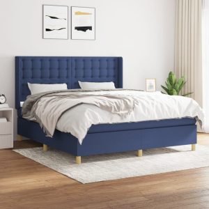 Pat box spring cu saltea, albastru, 180×200 cm, material textil