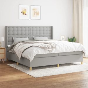 Pat box spring cu saltea, gri deschis, 200×200 cm, textil