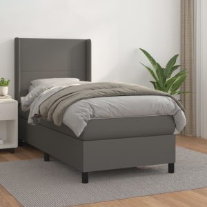 Pat box spring cu saltea, gri, 80×200 cm, piele ecologică