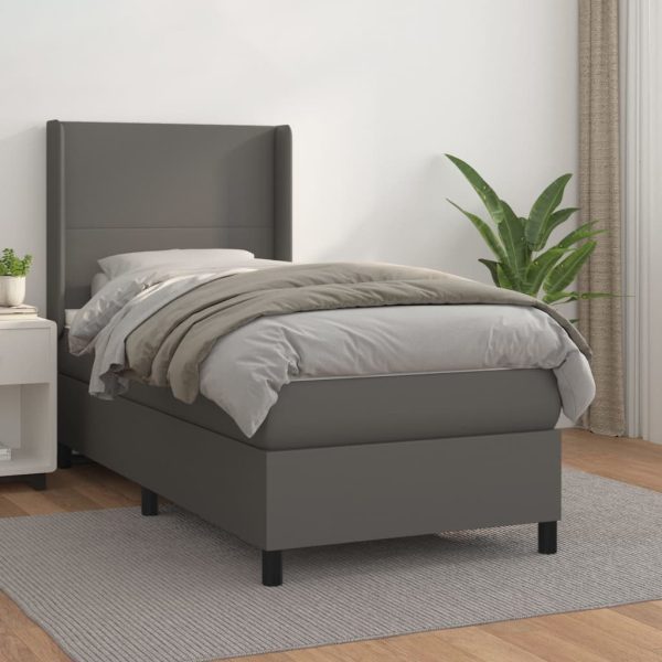 Pat box spring cu saltea, gri, 80×200 cm, piele ecologică
