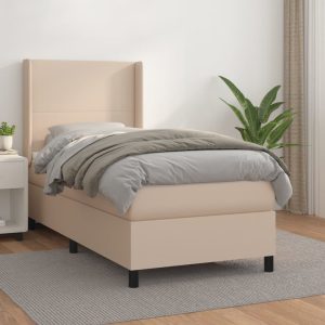 Pat box spring cu saltea, cappuccino, 100x200cm piele ecologică