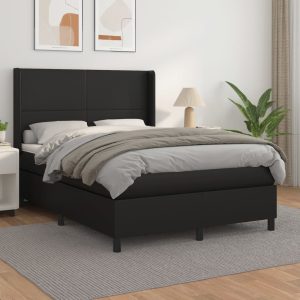 Pat box spring cu saltea, negru, 140×190 cm, piele ecologică