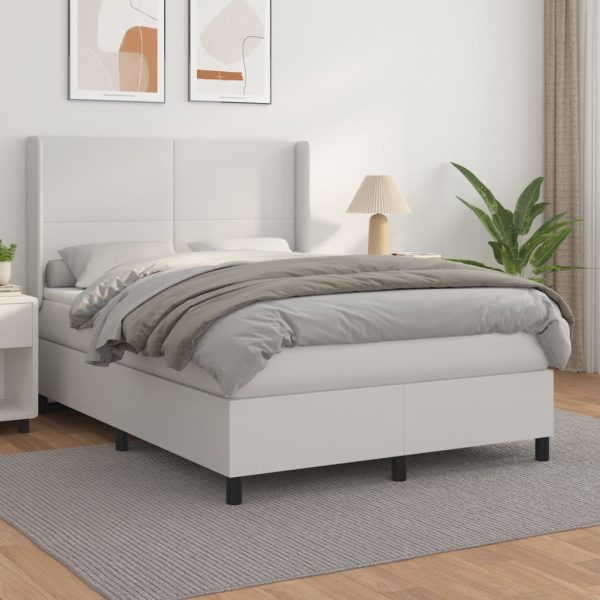 Pat box spring cu saltea, alb, 140×200 cm, piele ecologică