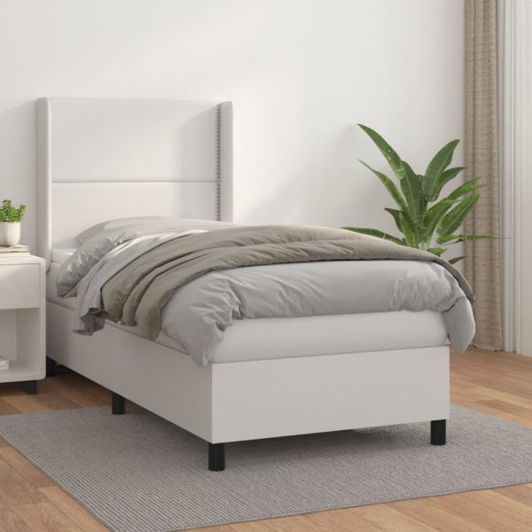 Pat box spring cu saltea, alb, 90×190 cm, piele ecologică