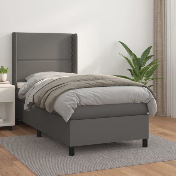 Pat box spring cu saltea, gri, 100×200 cm, piele ecologică