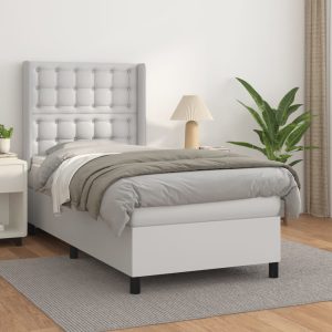 Pat box spring cu saltea, alb, 100×200 cm, piele ecologică