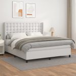 Pat box spring cu saltea, alb, 160×200 cm, piele ecologică