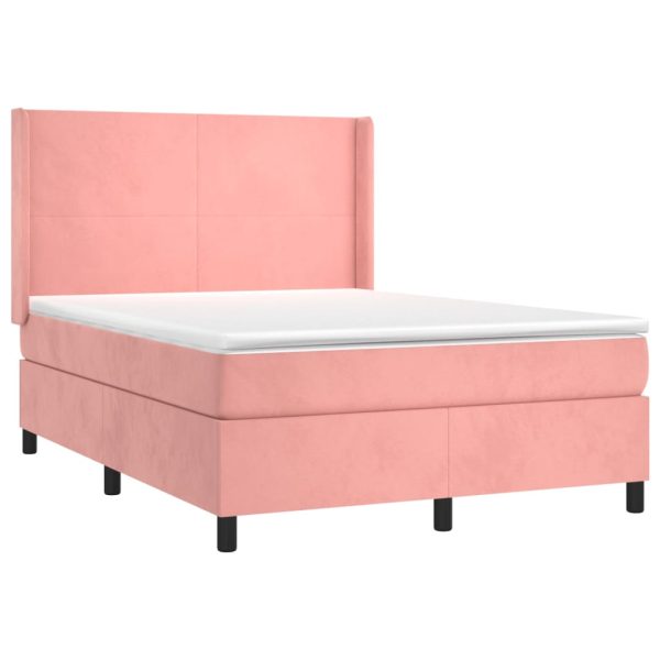 Pat box spring cu saltea, roz, 140×190 cm, catifea