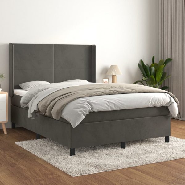 Pat box spring cu saltea, gri închis, 140×200 cm, catifea
