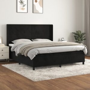 Pat box spring cu saltea, negru, 160×200 cm, catifea