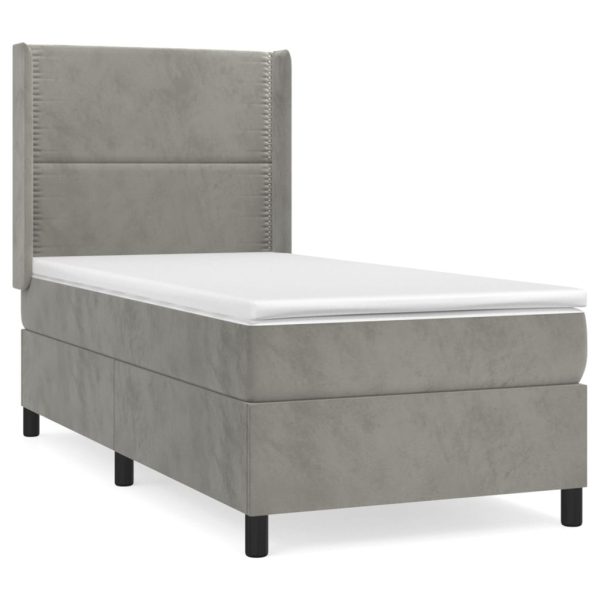 Pat box spring cu saltea, gri deschis, 90×200 cm, catifea