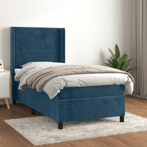 Pat box spring cu saltea, albastru închis, 100×200 cm, catifea