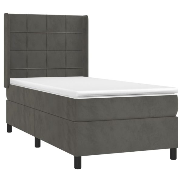 Pat box spring cu saltea, gri închis, 90×200 cm, catifea