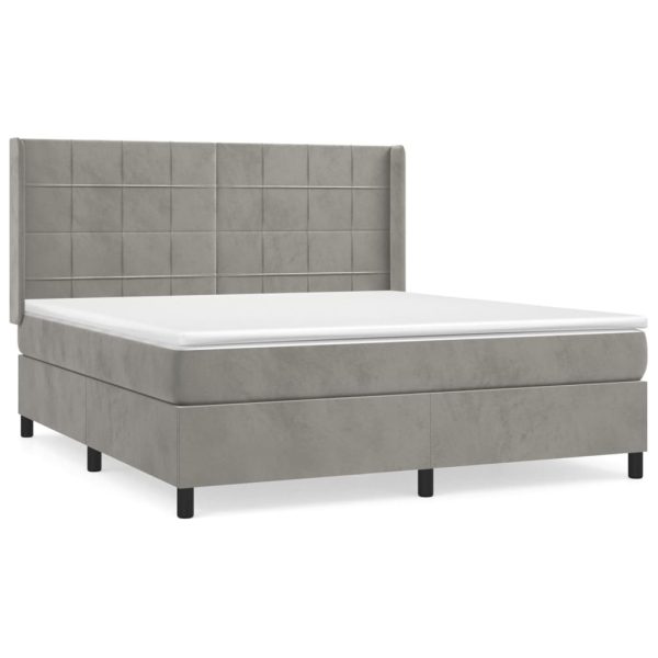 Pat box spring cu saltea, gri deschis, 180×200 cm, catifea