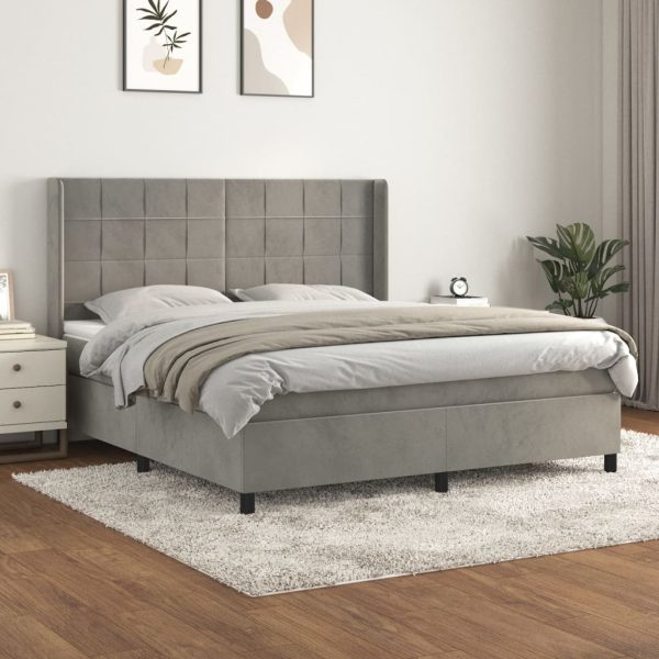 Pat box spring cu saltea, gri deschis, 180×200 cm, catifea