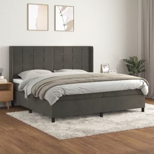 Pat box spring cu saltea, gri închis, 200×200 cm, catifea